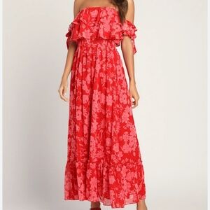 Lulu's Red Floral Strapless Maxi Dress Sz M